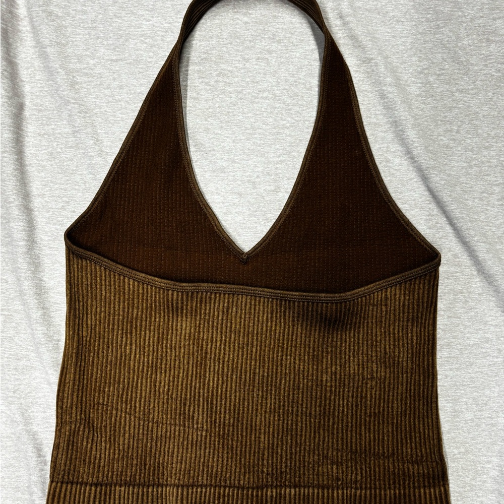 Brown Ribbed Halter Crop Top - Picture 2 of 3